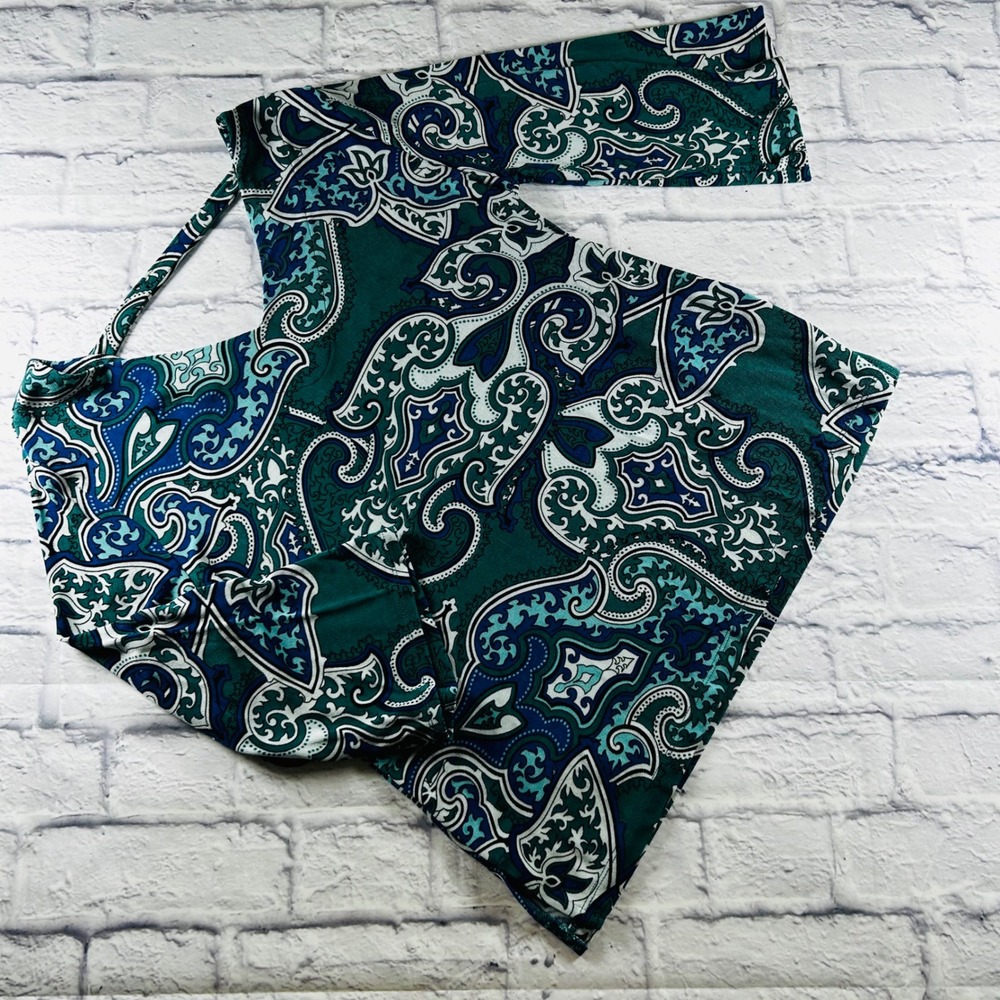 Chicos Travelers Women's 1P 8/10P Teal Paisley V-Neck 3/4 Bell Sleeve Top